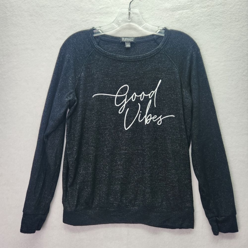 Buffalo David Bitton Long Sleeve Women's‎ S Black Marled Good Vibes Graphic Cozy